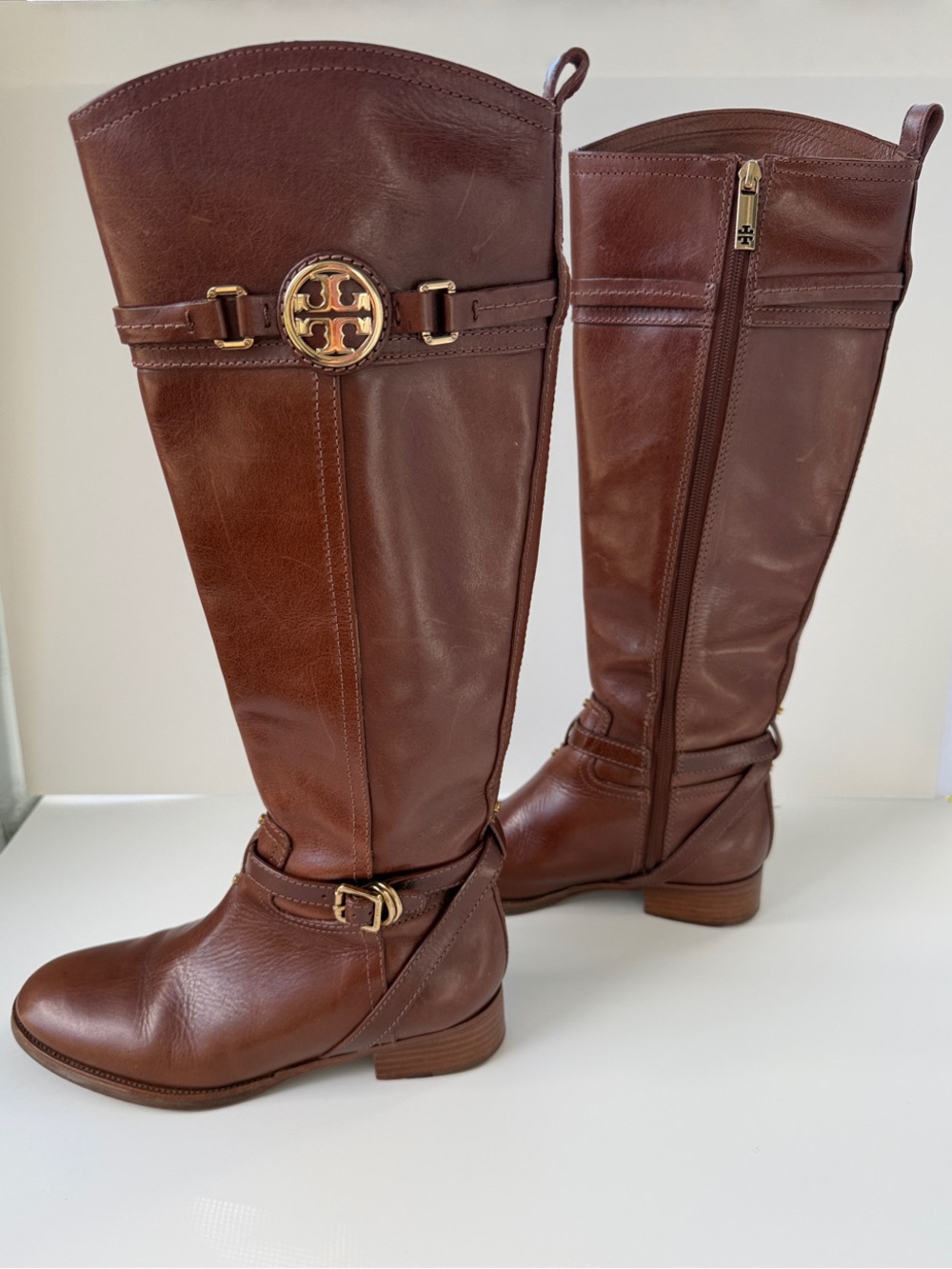 Tory Burch Brown Leather Knee-High Riding Boots with Gold Logo Size 7.5